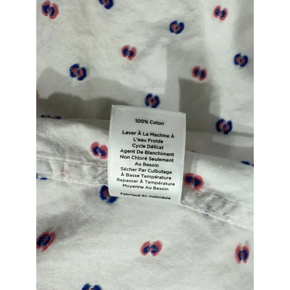 Talbots Button Up Shirt Size Medium White Pink Blue Embroidered Dots 100% Cotton